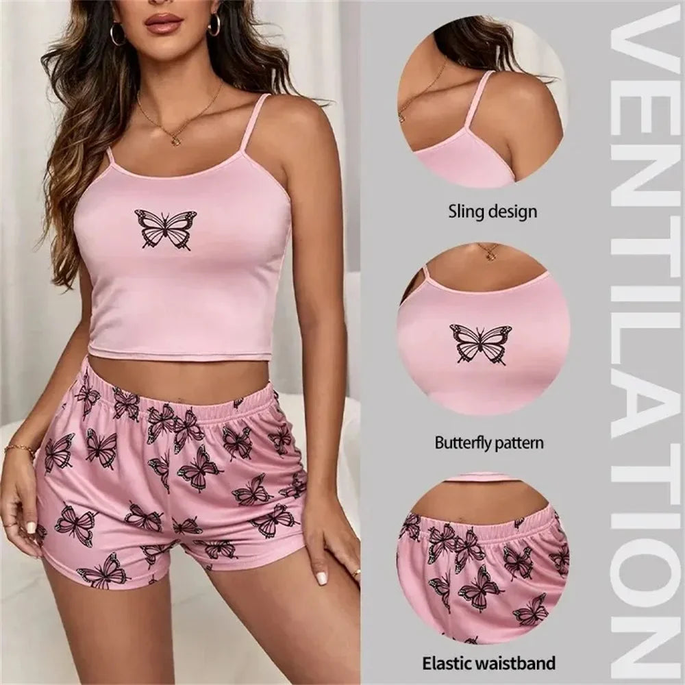 Women's 2-Piece Camouflage Pajama Set - Butterfly Print Tank Top and Casual Shorts