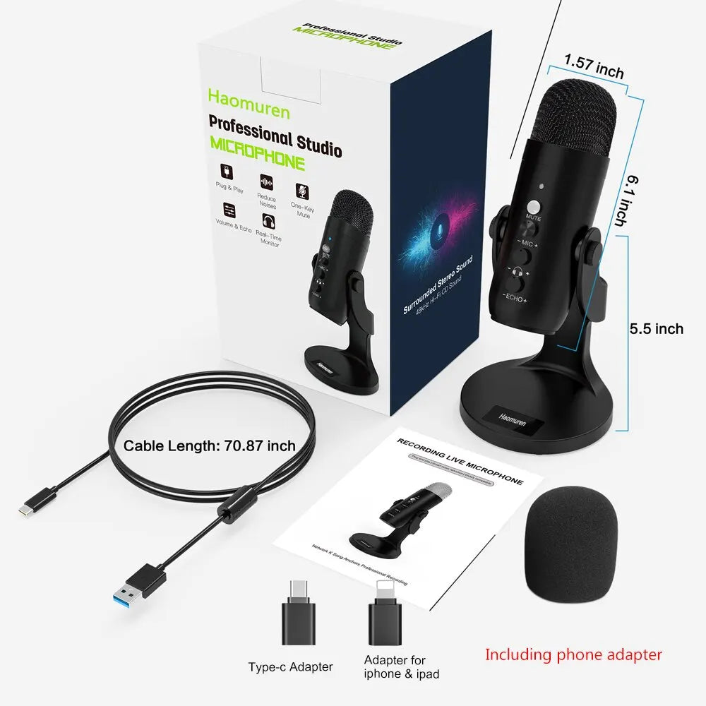 Haomuren USB Microphone for PC & Mac – Condenser Mic for Gaming, Streaming, Recording, with Phone Adapter & Headphone Output