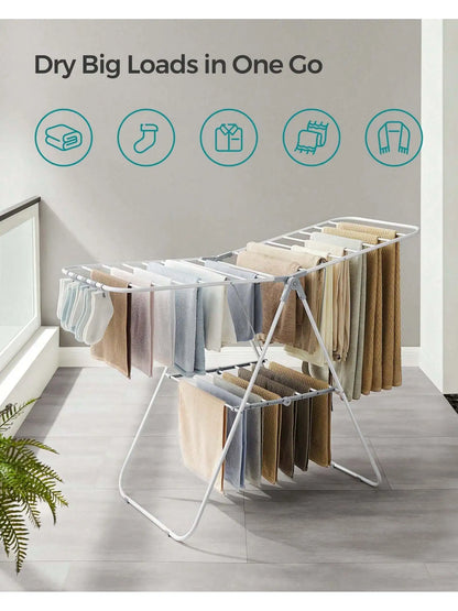 SONGMICS Foldable Clothes Drying Rack – Metal Laundry Airer with Sock Clips, Height Adjustable & Space-Saving Design