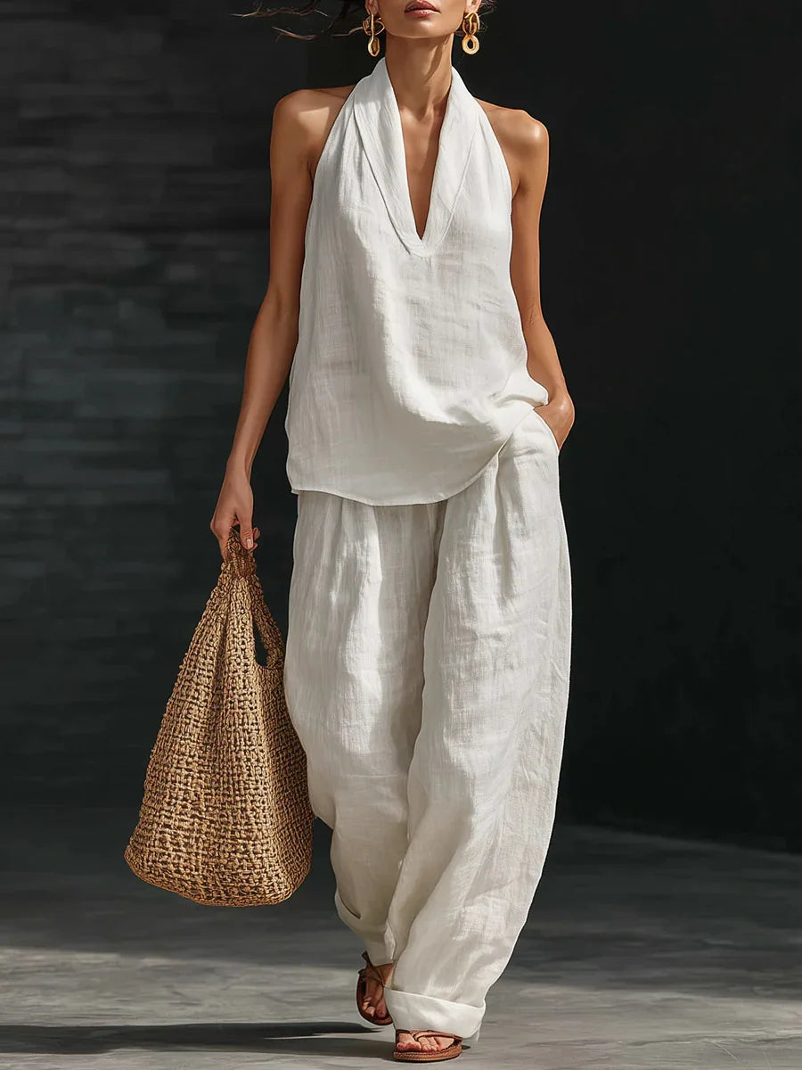 Women’s 2-Piece Summer Outfit – Halter Neck V-Neck Sleeveless Top & Loose Trousers Casual Matching Set