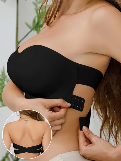 Strapless Bra with Side Clasps – Nylon Knit Fabric, Removable Padding & Crisscross Strap Details