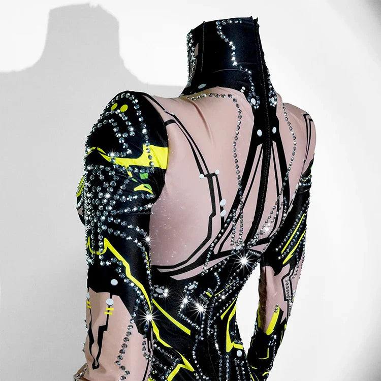 Sexy Sparkly Green Rhinestone Bodysuit – Stage Dance Costume for Party, Bar Show, Drag Queen, Cosplay & Halloween