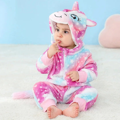 Cartoon Flannel Baby Romper – Unicorn, Rabbit & Dinosaur Pajamas, Cotton Kigurumi Jumpsuit for Boys & Girls