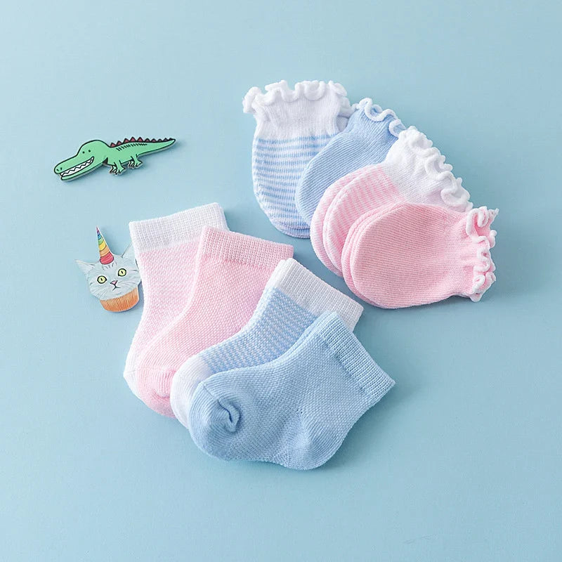 4-Pair Baby Socks & Gloves Set – Solid Color, Soft Cotton, Elastic Infant Toddler Ruffle Mittens for Newborn Girls & Boys