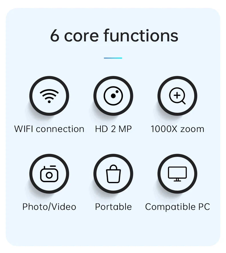 WiFi Digital Microscope Camera — 50X-1000X Zoom 2MP USB Magnifier for Skin Inspection, Repair, Android, iOS, PC