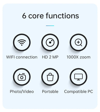 WiFi Digital Microscope Camera — 50X-1000X Zoom 2MP USB Magnifier for Skin Inspection, Repair, Android, iOS, PC