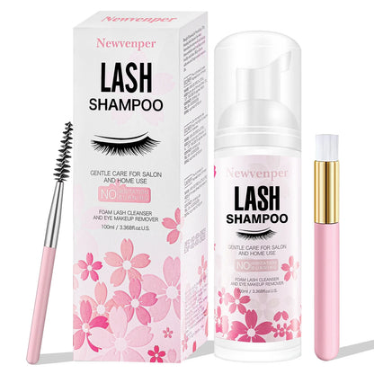 100ML Eyelash Lash Shampoo with Brush & Mascara Wand – Foaming Eyelid Cleanser for Extensions & Makeup Removal