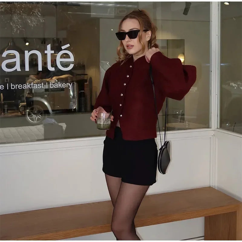 2025 Women's Elegant Long Sleeve Woolen Coat – V-Neck, Single-Breasted Slim Fit Solid Color Office Jacket