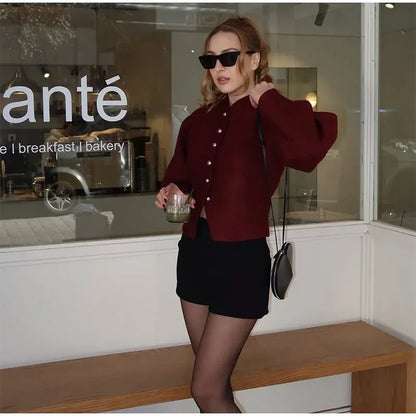2025 Women's Elegant Long Sleeve Woolen Coat – V-Neck, Single-Breasted Slim Fit Solid Color Office Jacket