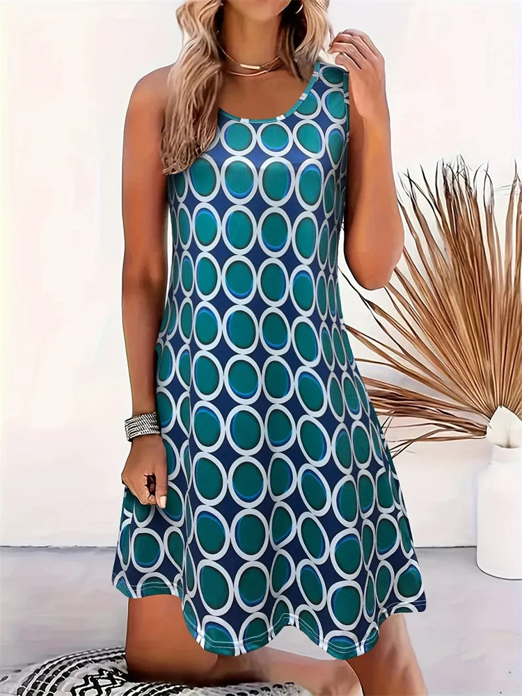 2024 Summer Boho Printed Dress - Women's Sleeveless Casual Holiday Gown O Neck Party Plus Size Fashion Dress