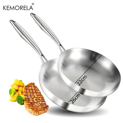2/3PC Stainless Steel Frying Pan Set - 304 Food Grade Non-Stick Wok Pans, 2MM Thick, 5-Ply, Available in 22cm, 24cm, 26cm, 28cm