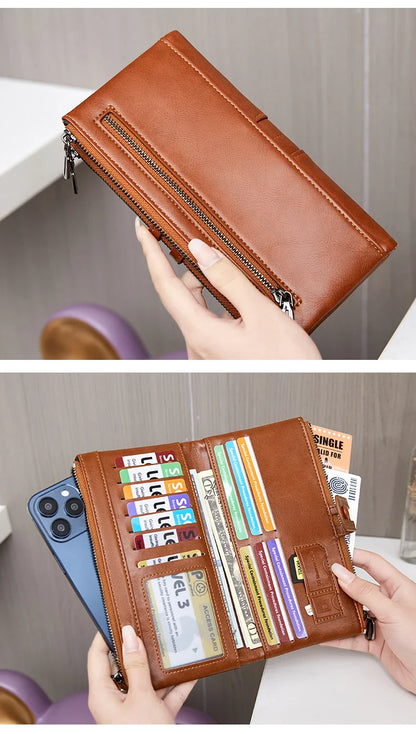 RFID Blocking Large Capacity Wallet – Soft Leather Solid Color Clutch, Multi-Functional Zipper Purse for Women & Men