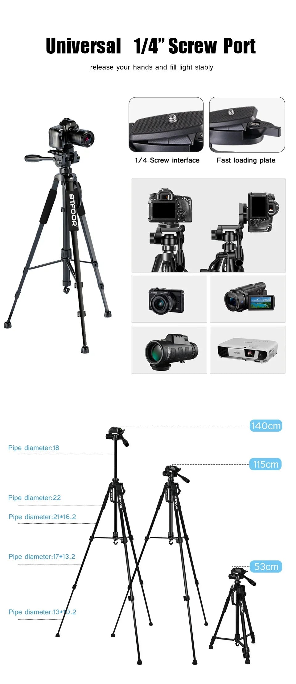 55" Aluminum Phone & Camera Tripod — Travel Self-Stand with Quick Plate Mount & Pan Head for Canon, Nikon DSLR & SLR Cameras