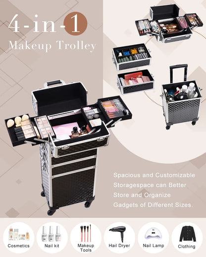 Makeup Trolley Case 4-in-1 — Detachable Alloy Train Briefcase with Wheels, Lockable Large Capacity Storage for Nail Manicure Salon