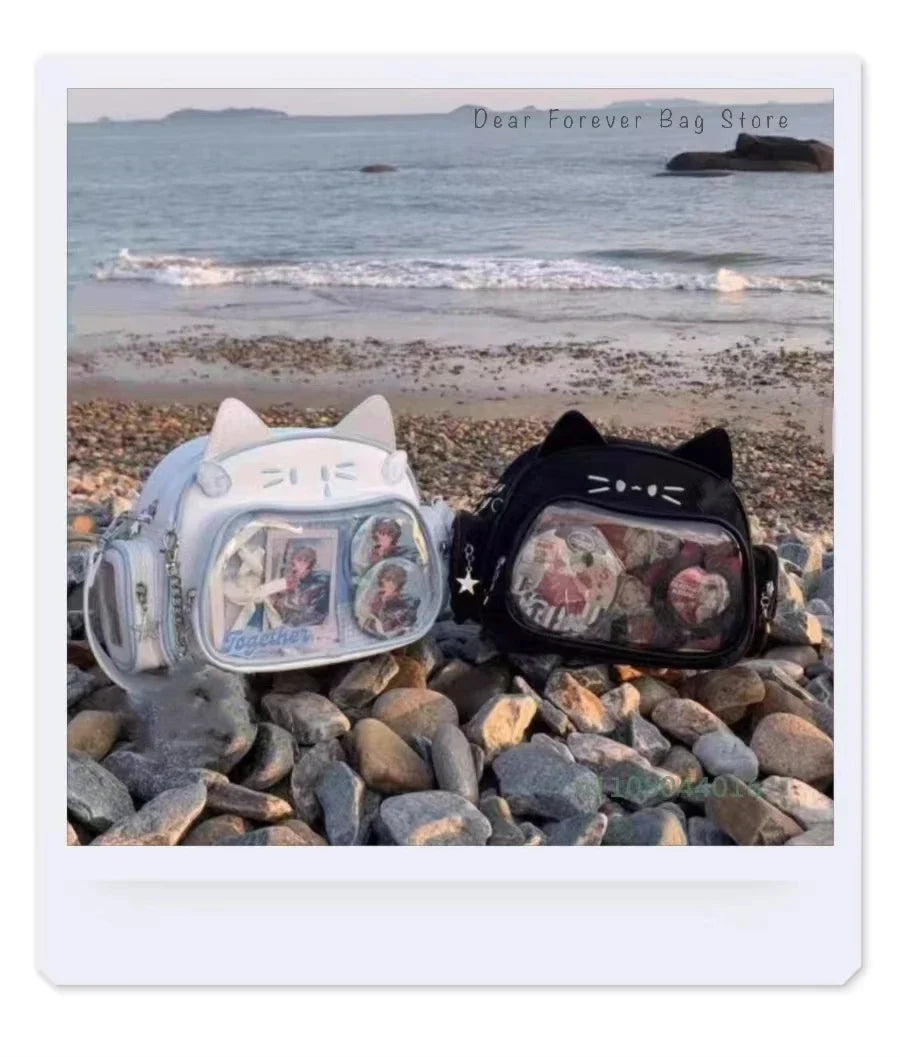 Y2K Korean Kawaii Cat Ita Bag — Cute PU Transparent Shoulder & Crossbody Bag for Girls, Harajuku Style Backpack