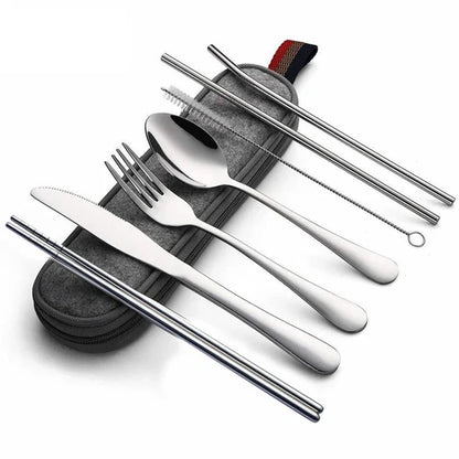 8-Piece Reusable Travel Cutlery Set — Stainless Steel Spoon, Fork, Chopsticks & Straw with Portable Case