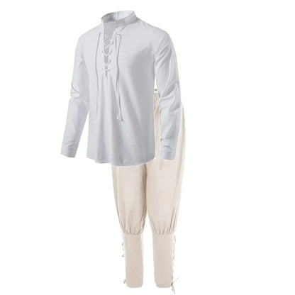 Men's Medieval Knight Costume Set – Renaissance Pirate Shirt & Ankle Pants Halloween Cosplay in Cotton Linen