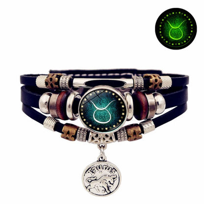 Starry Sky Zodiac Luminous Leather Bracelet - Multi-Layered Beaded Snap Closure for Men & Women, Friendship Bracelet
