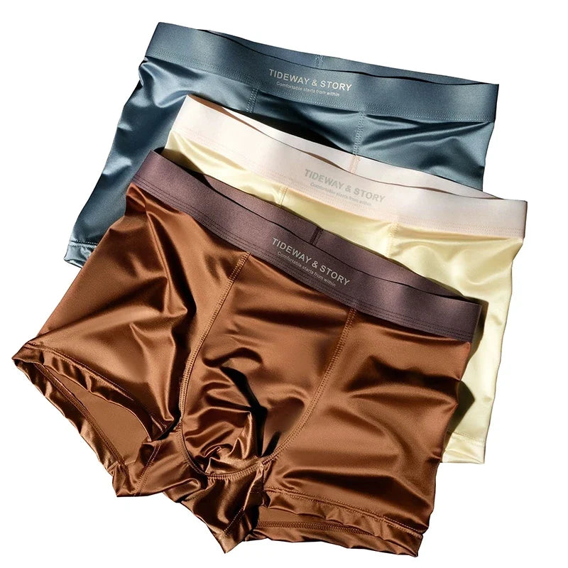 Men’s Ice Silk Underwear - 4PCS Luxury Satin Breathable Seamless Boxer Shorts Flat Corner Design
