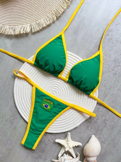 Women’s Brazil Flag Embroidery Bikini Set – Contrast Split Patchwork Swimsuit, Sexy Summer Beachwear Outfit