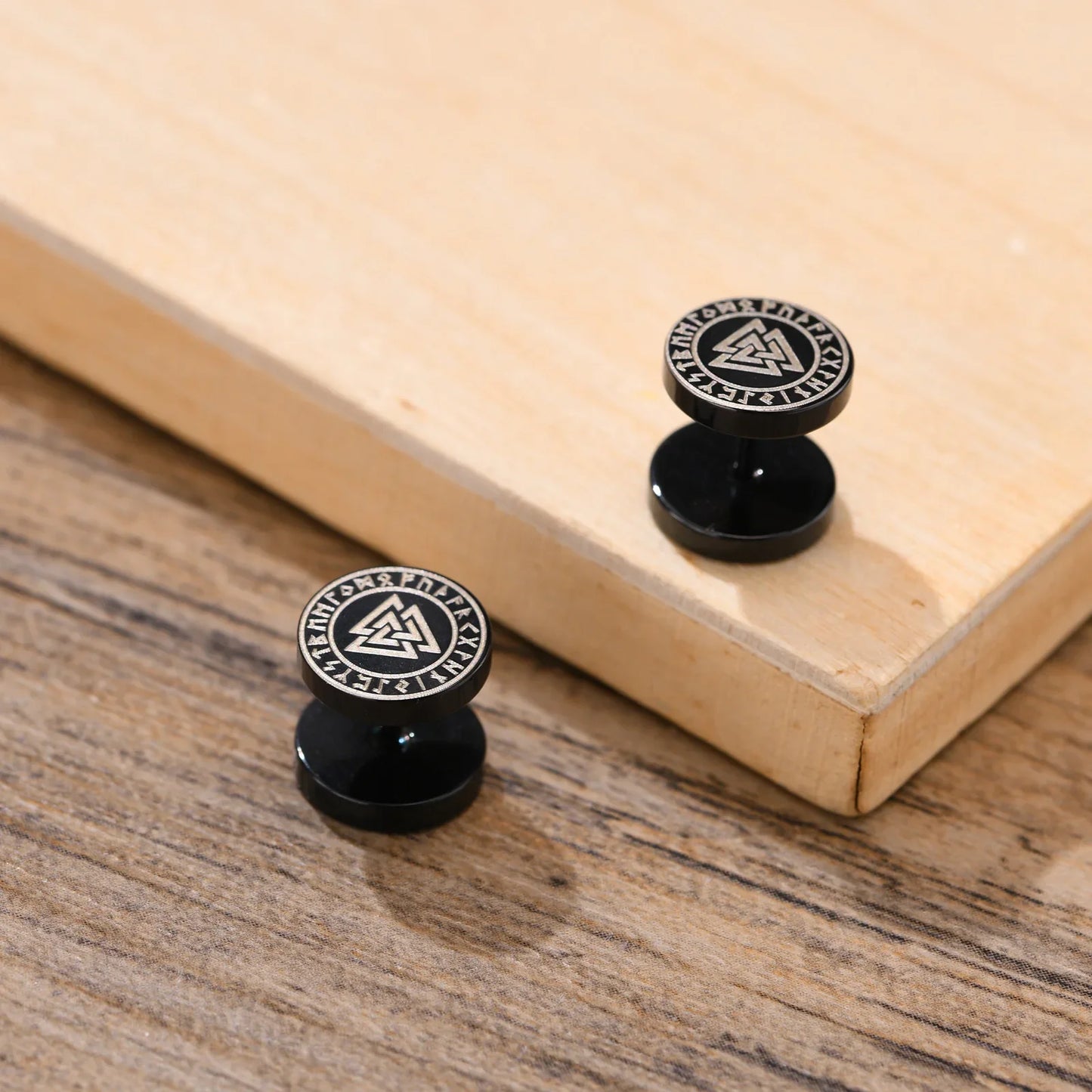 Vnox Men's Viking Black Stud Earrings - Vegvisir & Norse Valknut, Cool Punk Stainless Steel Set