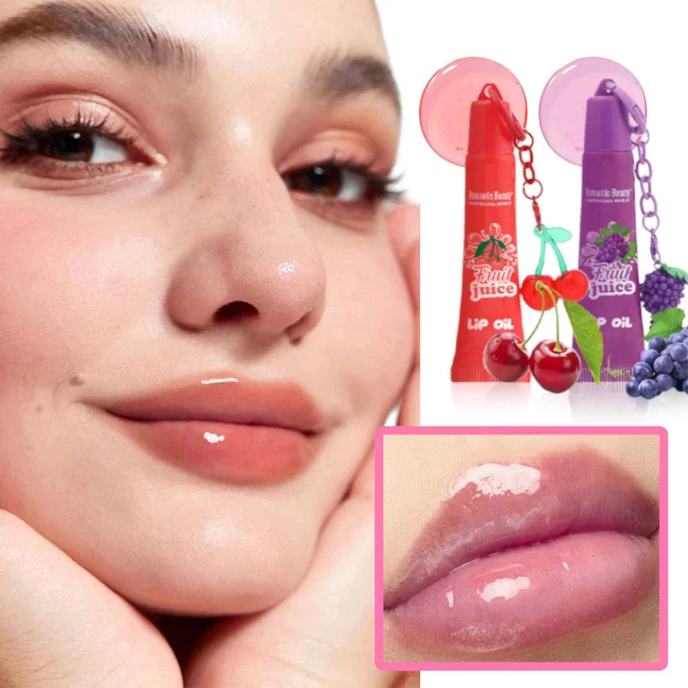 Women’s Fruit Flavor Lip Oil with Keychain – Moisturizing Nourishing Portable Lip Gloss Lip Glaze