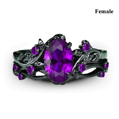 Couple Celtic Dragon Rings Set - Purple Rhinestone CZ Stainless Steel Wedding Jewelry for Men & Women