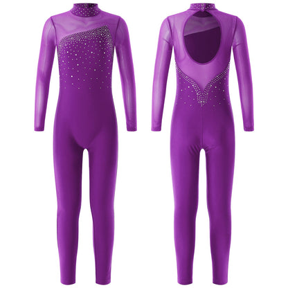 Kids Girls Long Sleeve Rhinestone Bodysuit — Full Body Dancewear Gymnastics Leotard Skating Jumpsuit