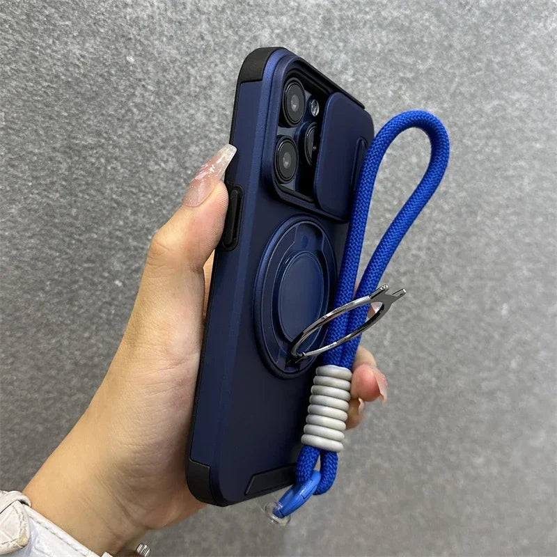 Armor Magnetic iPhone Case with Lanyard – Shockproof Slide Camera Protection for iPhone 11-16 Pro Max