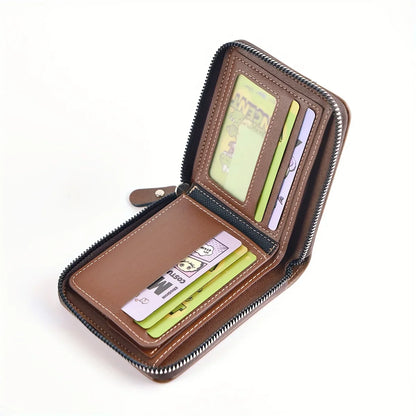 Men's PU Wax Oil Skin Wallet – Short Card Holder & Coin Purse with Zipper Around for Men