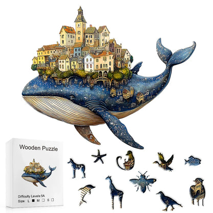 Artisan Whale Castle Wooden Puzzle – Handcrafted Animal Village & Marine Wall Art, Intermediate Family Game