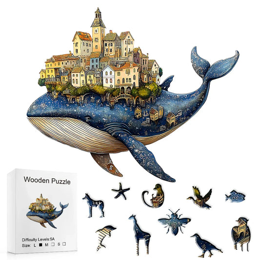Artisan Whale Castle Wooden Puzzle – Handcrafted Animal Village & Marine Wall Art, Intermediate Family Game