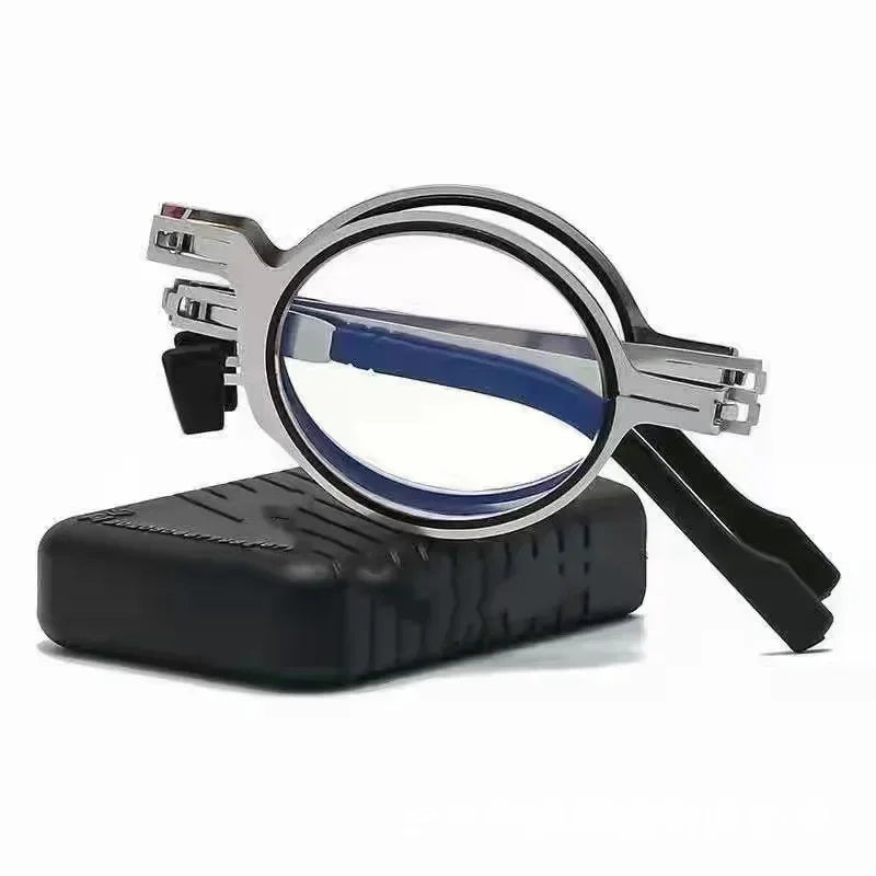 Unisex Folding Reading Glasses – Full Metal Frame, Transparent Lenses, Anti-Blue Light with Case