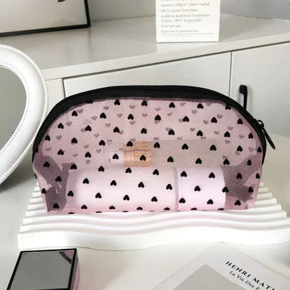 Nylon Mesh Heart-Shaped Cosmetic Bag — Zipper Toiletry & Makeup Organizer Pouch for Women, Multifunctional Lipstick, Key, and Coin Purse