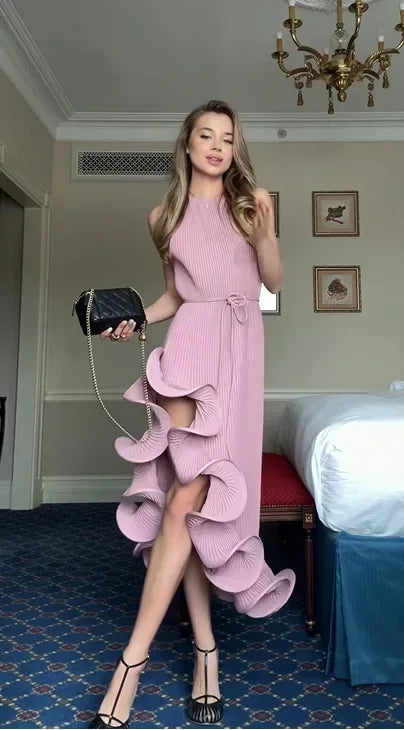 Women’s Yellow Halter Maxi Dress – Ribbed Knit, Ruffled High-Slit Slim-Fit Vestido, Spring 2026 Trendy Fashion