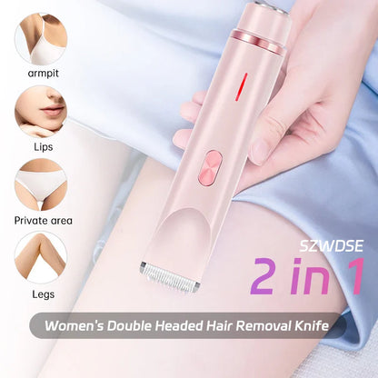 2-in-1 Dual-Head Electric Razor for Women – Painless Bikini Trimmer Wet & Dry Use with Detachable Heads