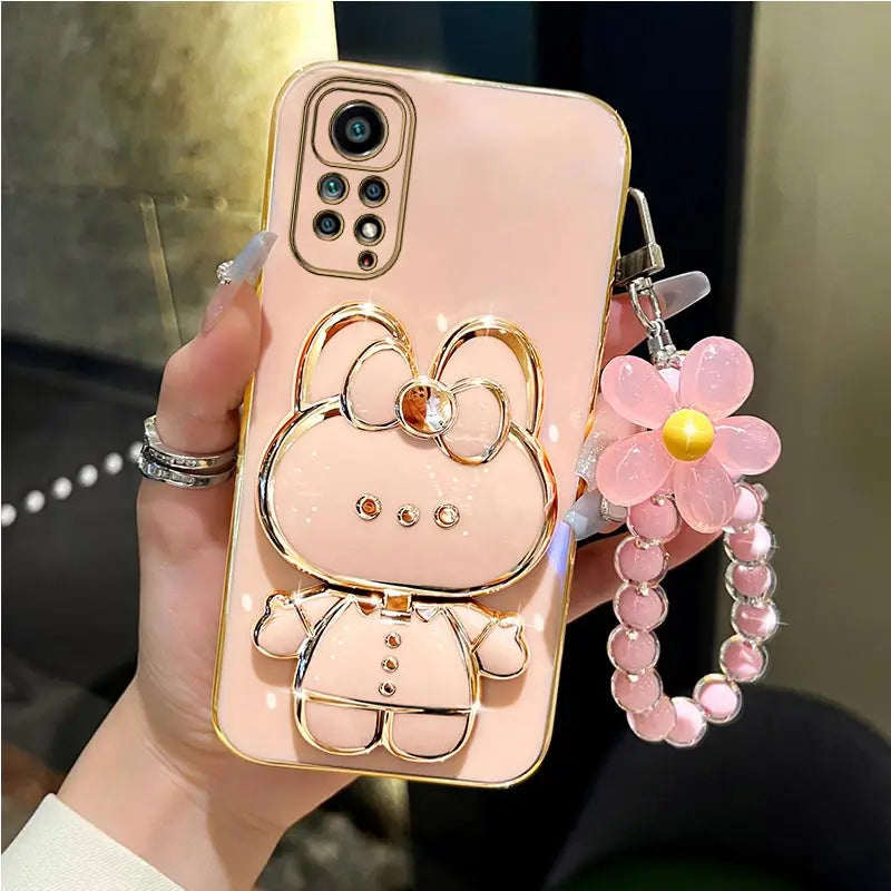 Mirror Rabbit Flower Strap Case for Xiaomi Redmi Note 11 / 12 / 10 / 9 Series – Pro Max Stand Phone Cover with Decorative Strap & Protective Design