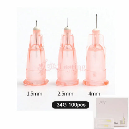 100pcs Tattoo Needles — 34G Safety Needles (1.5mm, 2.5mm, 4mm) for Beauty Injection Syringe & Filler Hand Tool Parts