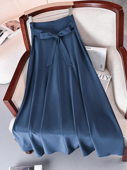 Women’s Solid Color A-Line Skirt – High Elastic Waist Long Elegant Skirt with Bow Detail Casual Fashion Skirt for Women Clothing