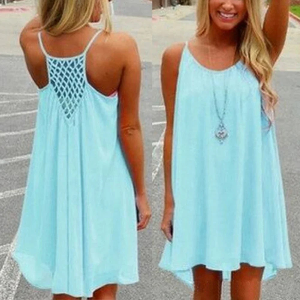 Women’s Summer Backless Beach Dress - Sexy Sleeveless Strap Casual Evening Party Outfit