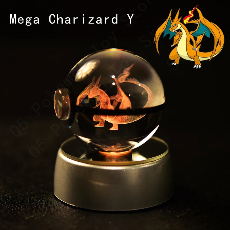 Pokemon 3D Crystal Ball Figurine — Pikachu, Gengar, Mew, Mewtwo Glass Statue with Lamp Base, Kids Birthday Gift