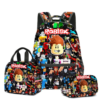 3pcs Roblox Cartoon Print Bag Set – School Backpack, Lunch Bag & Pencil Case for Students, Birthday Gift Set