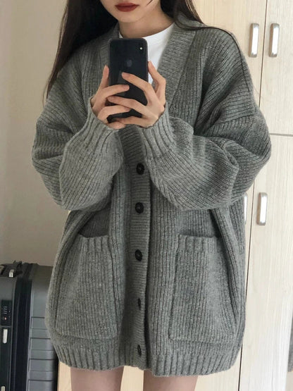 Autumn Winter Women’s Cardigan Sweater Coat – Fashion Long Sleeve V-Neck, Loose Fit Knitted Jacket, Casual Sweater Cardigan