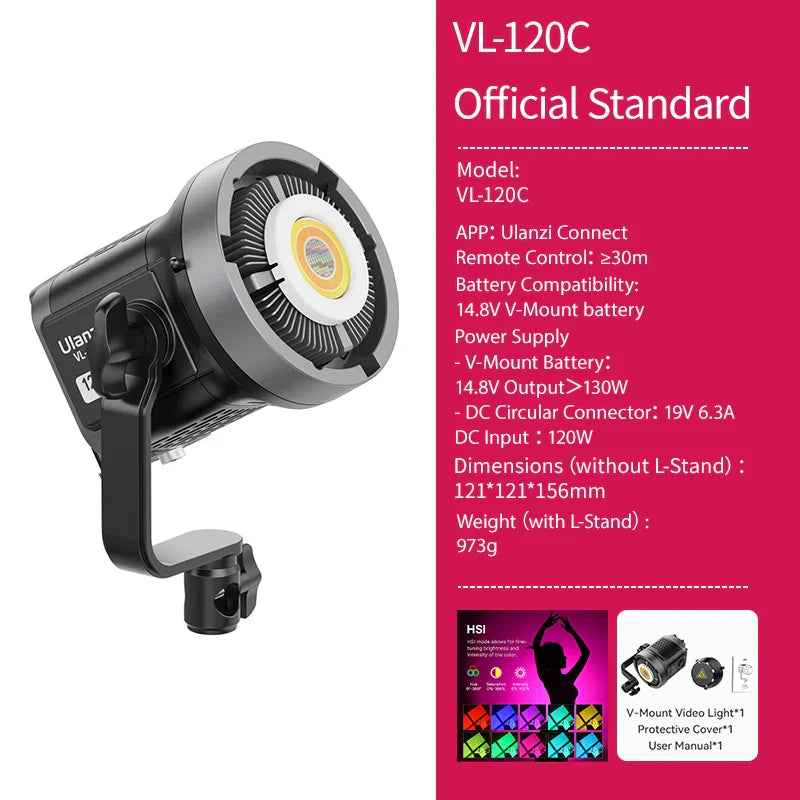 Ulanzi VL-120Bi VL-120C 120W V-Mount COB Light – Wireless APP Control, 2700K-6500K Video Light for Skit Video Photography