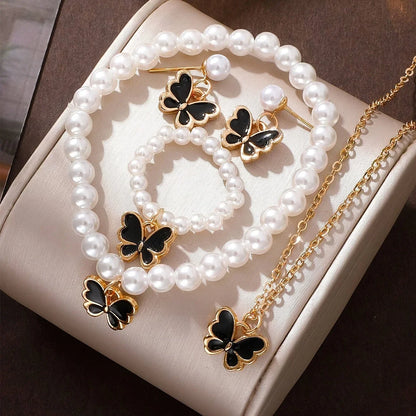 Lucky Five-Petal Flower & Clover Bracelet, Earrings, Necklace Set – Stylish Women's Party Jewelry Accessories