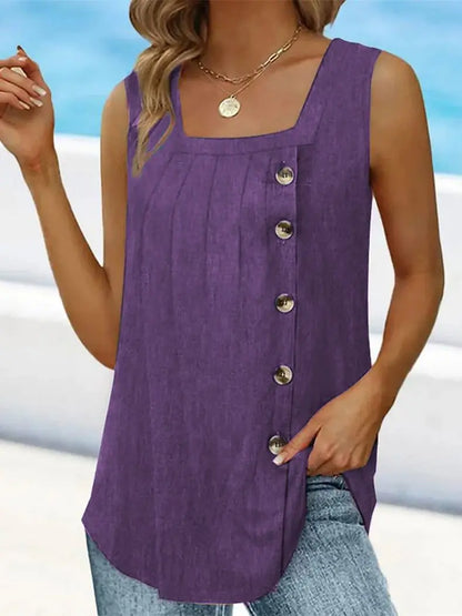 Summer Women’s Pleated Square Neck Tank Top – Sleeveless Swallowtail Button Blouse for Casual Wear