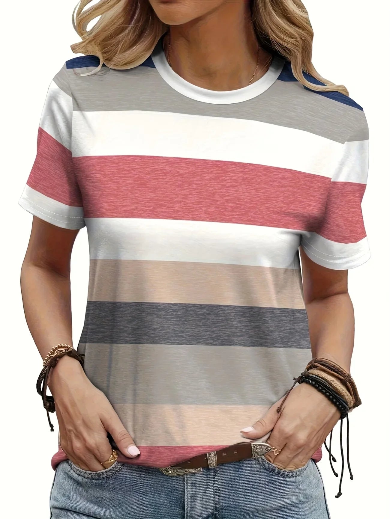Women’s Rainbow Striped Oversized T-Shirt – Casual Crew Neck Short Sleeve Summer Soft Daily Wear Tee