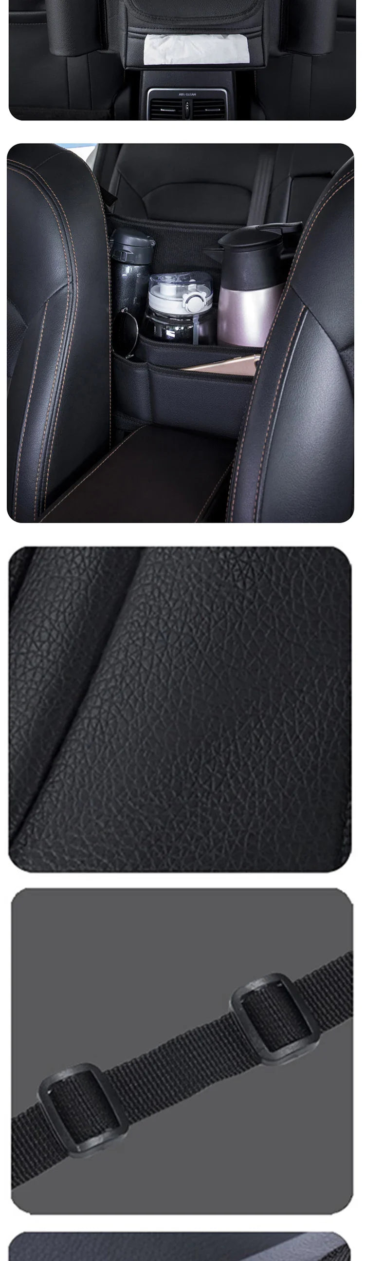 Car Seat Middle Hanger Leather Storage Bag – Multifunction Hanging Organizer with Handbag Holder, Water Cup & Tissue Pockets
