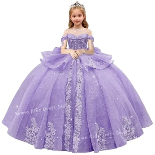 Lace Flower Girl Dress - 3D Floral Appliqué, Beading & Long Bow Ball Gown