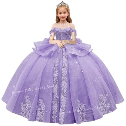 Lace Flower Girl Dress - 3D Floral Appliqué, Beading & Long Bow Ball Gown